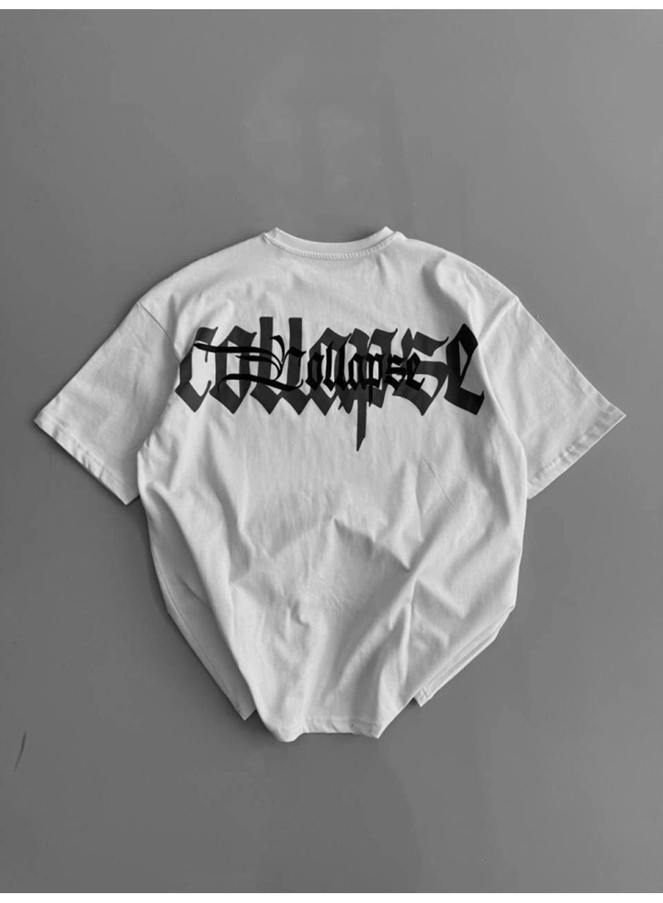 Baskılı Oversize Bisiklet Yaka T-shirt - Beyaz