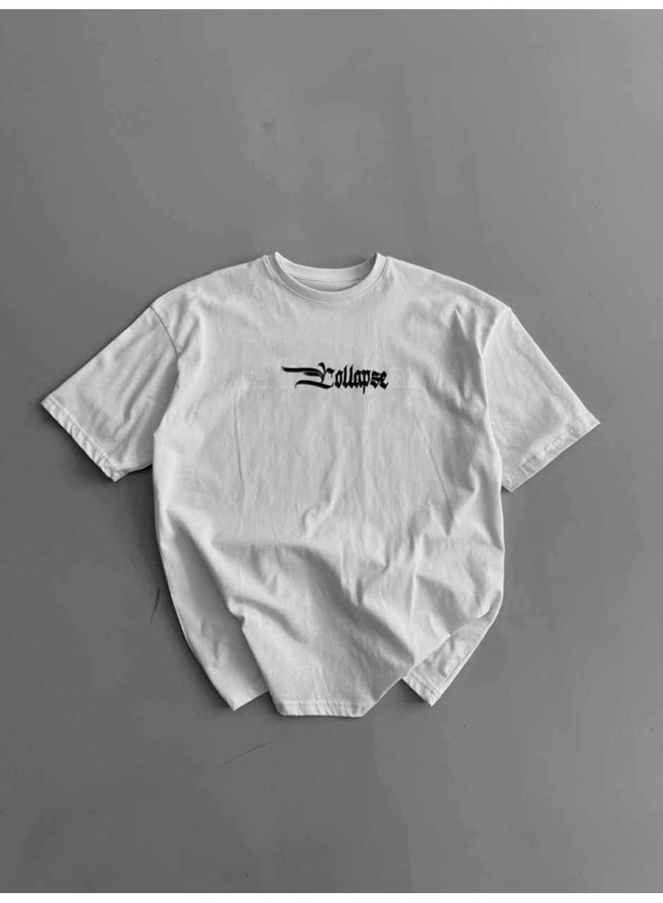 Baskılı Oversize Bisiklet Yaka T-shirt - Beyaz