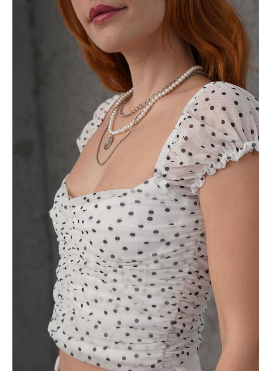 Puantiyeli Belden Oturtmalı Tül Beyaz Bluz
