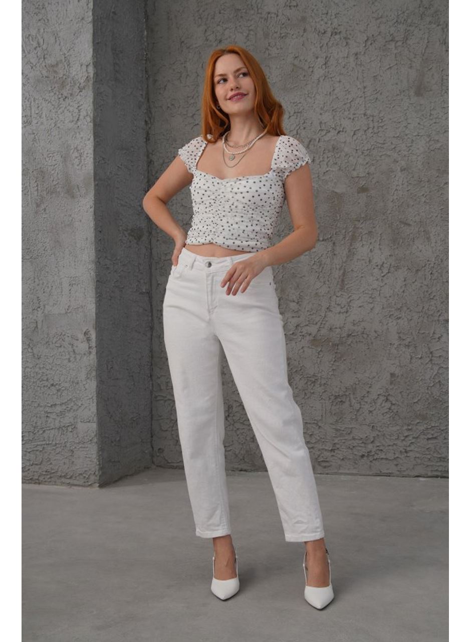 Puantiyeli Belden Oturtmalı Tül Beyaz Bluz