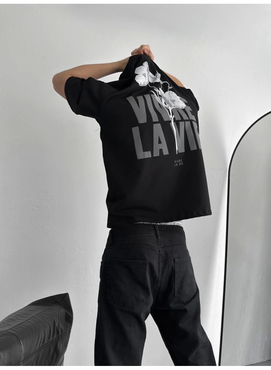 Baskılı Oversize Bisiklet Yaka T-shirt - Siyah