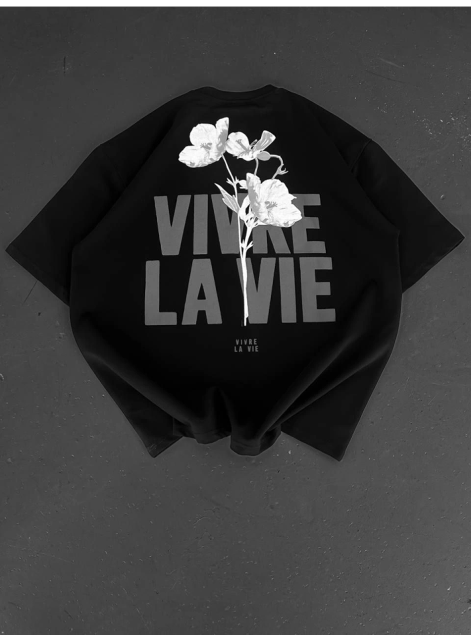 Baskılı Oversize Bisiklet Yaka T-shirt - Siyah