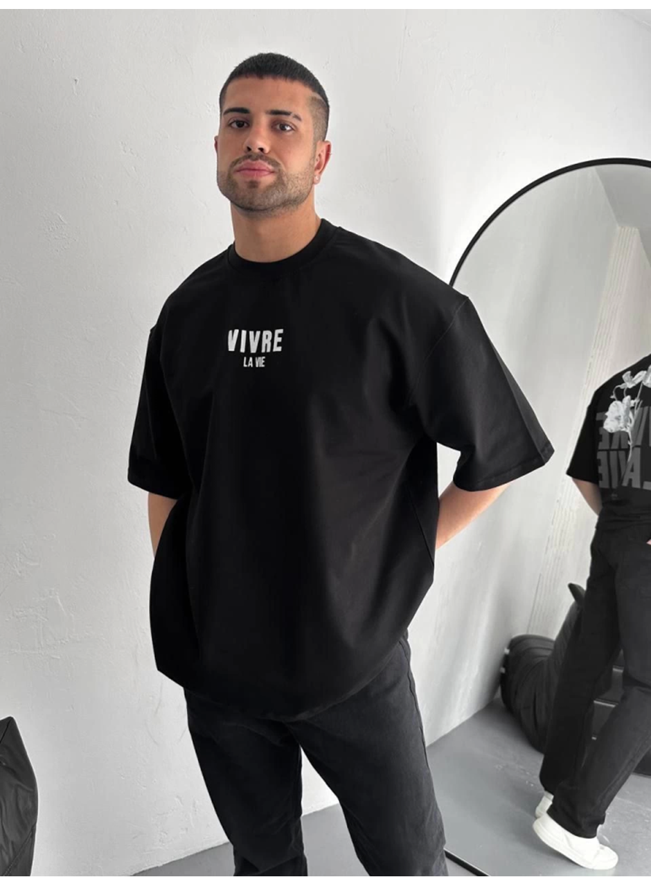 Baskılı Oversize Bisiklet Yaka T-shirt - Siyah