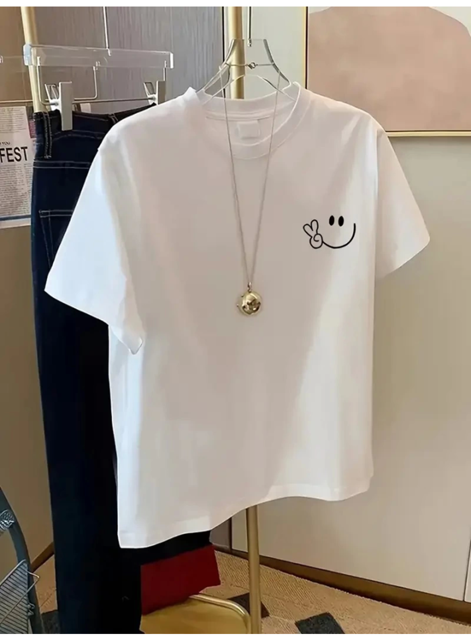 Baskılı Oversize Bisiklet Yaka T-shirt - Beyaz