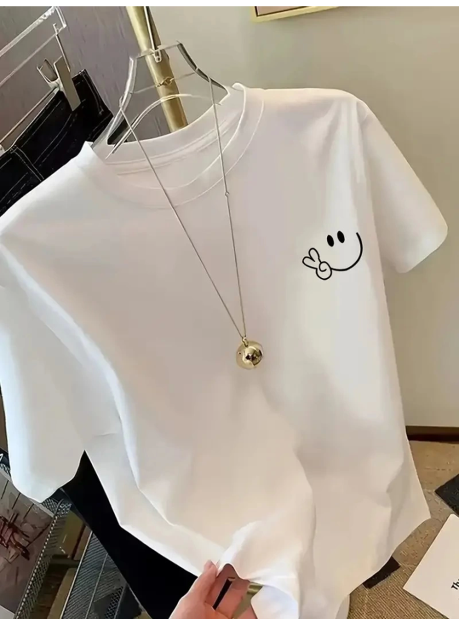 Baskılı Oversize Bisiklet Yaka T-shirt - Beyaz