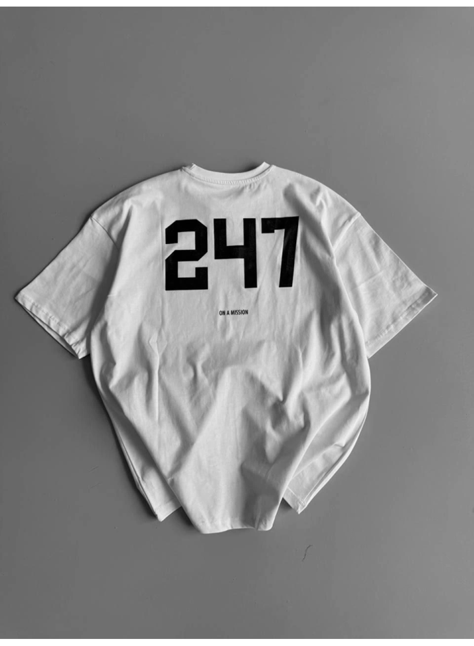 Baskılı Oversize Bisiklet Yaka T-shirt - Beyaz