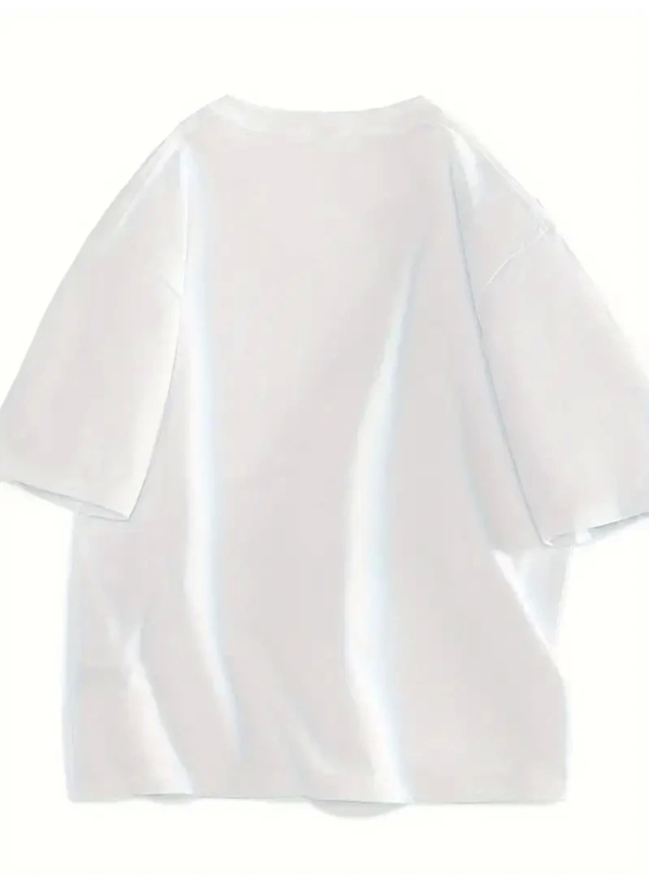 Baskılı Oversize Bisiklet Yaka T-shirt - Beyaz