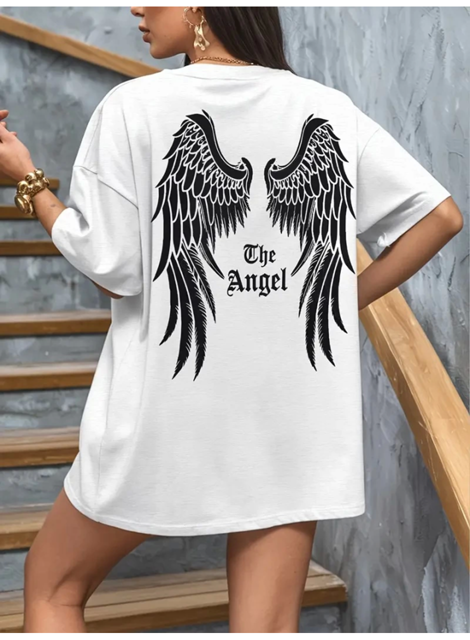 Baskılı Oversize Bisiklet Yaka T-shirt - Beyaz