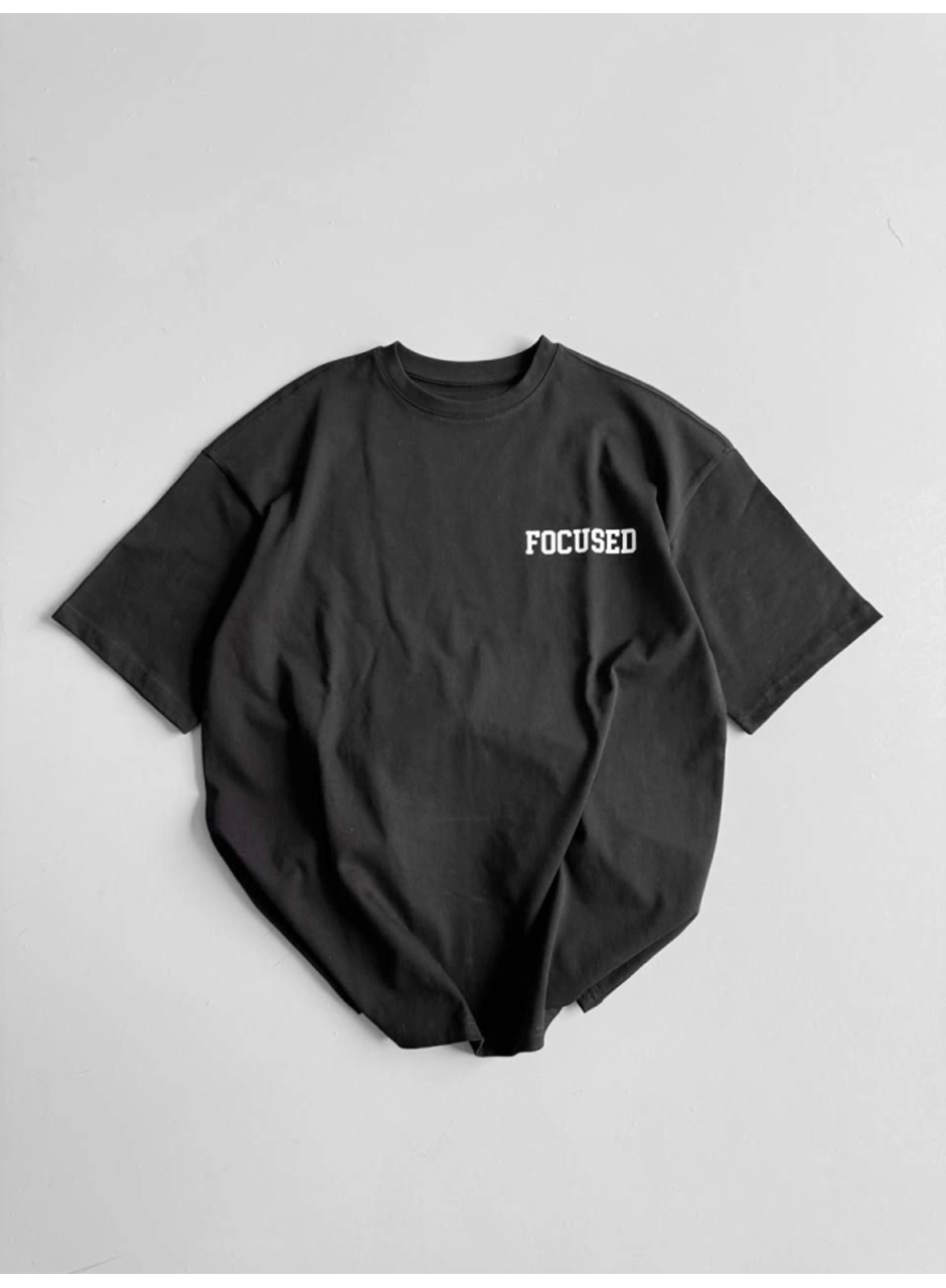 Baskılı Oversize Bisiklet Yaka T-shirt - Siyah