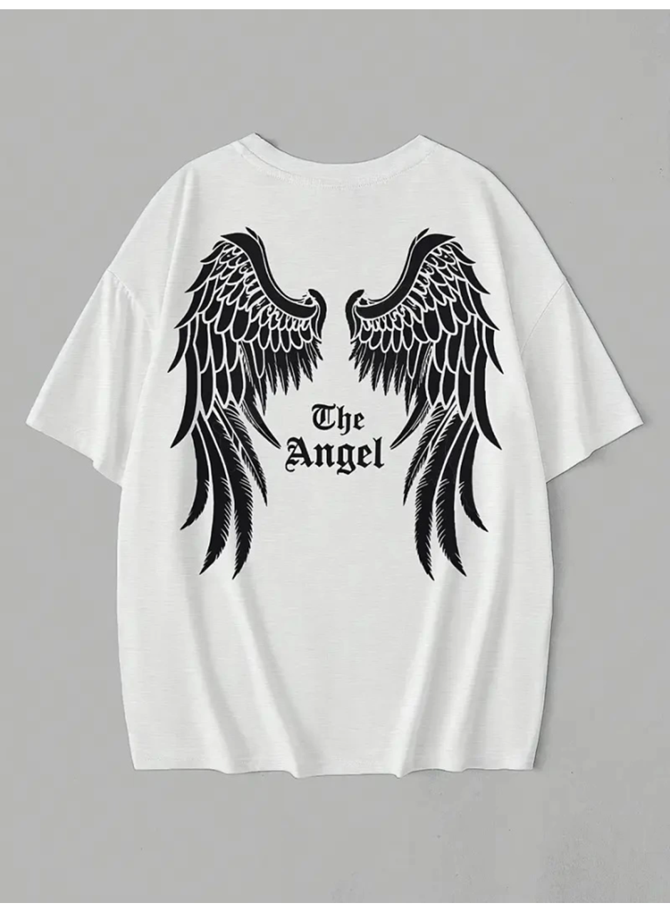 Baskılı Oversize Bisiklet Yaka T-shirt - Beyaz