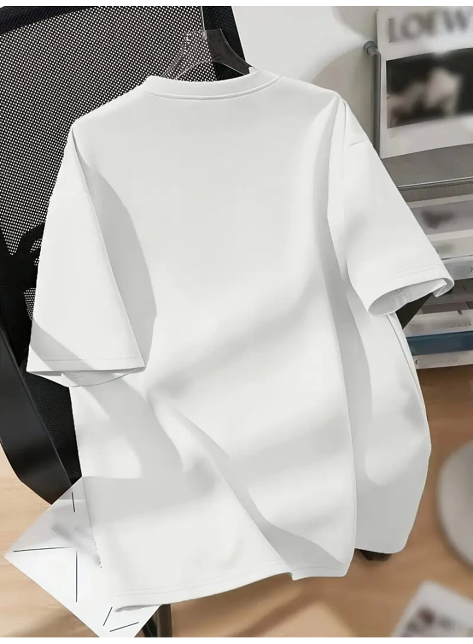 Baskılı Oversize Bisiklet Yaka T-shirt - Beyaz