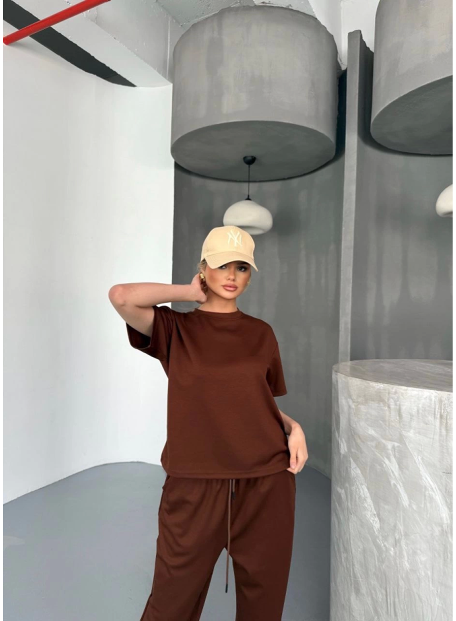 Osy Modal Yumuşak Dokulu Kumaş Kısa Kollu Bluz Rahat Pantalon Ikili Takım- Kahverengi