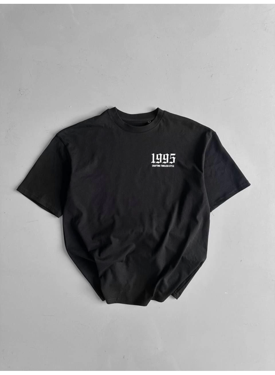 Baskılı Oversize Bisiklet Yaka T-shirt - Siyah