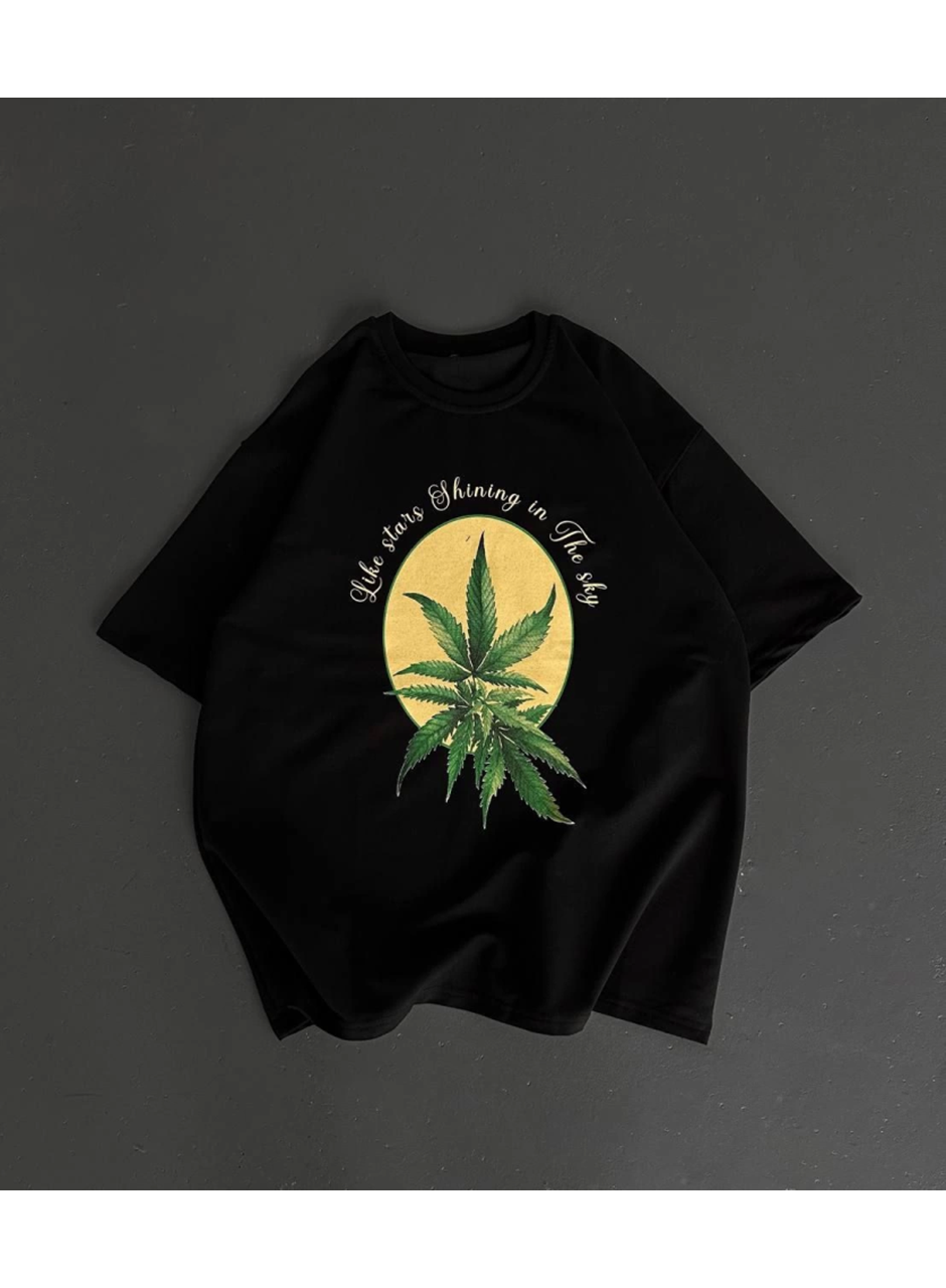 Ön Ve Arka Baskılı Oversize Bisiklet Yaka T-shirt- Siyah