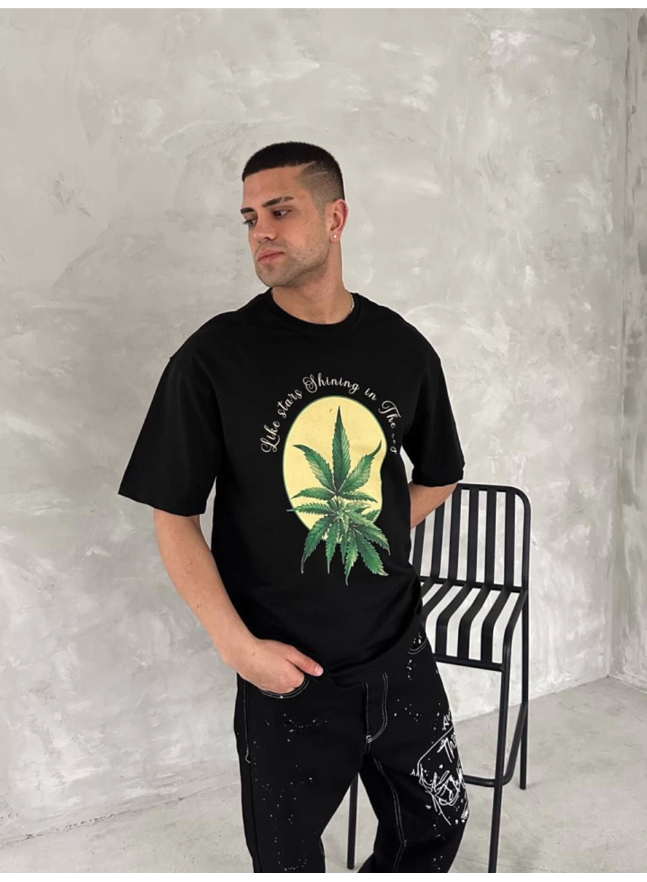 Ön Ve Arka Baskılı Oversize Bisiklet Yaka T-shirt- Siyah