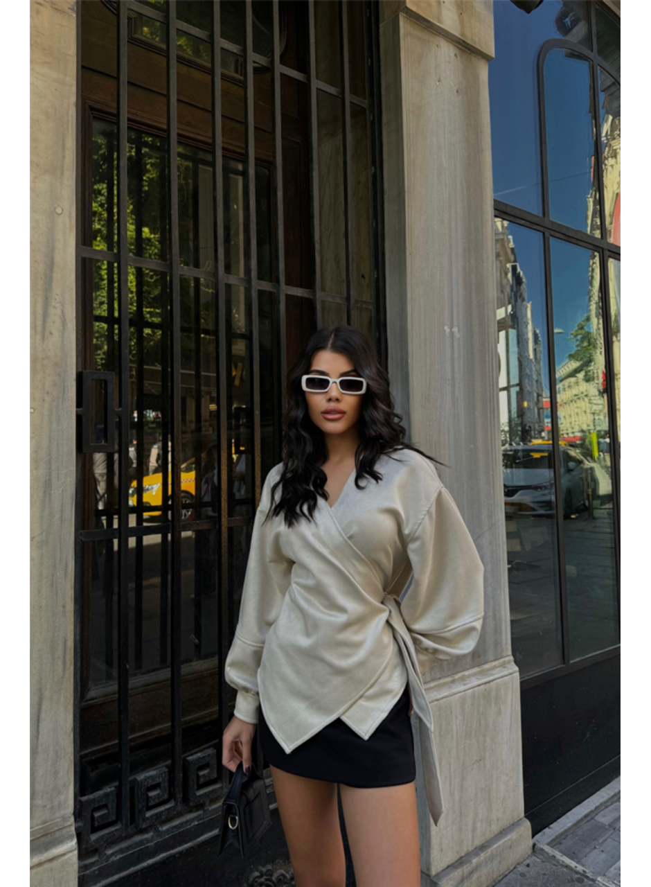 SÜET KRUVAZE BLUZ BAĞLAMA DETAYLI - Taş