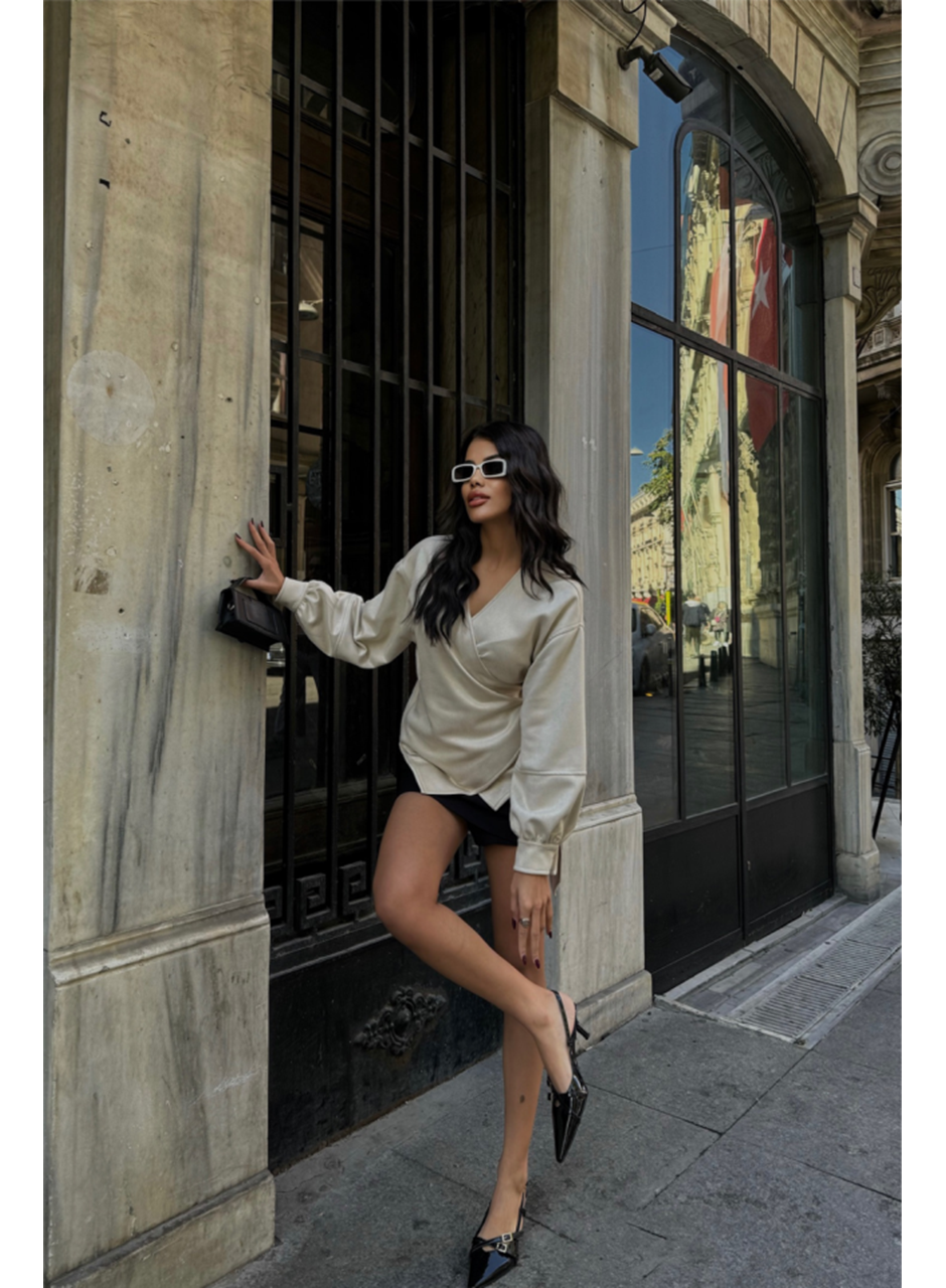 SÜET KRUVAZE BLUZ BAĞLAMA DETAYLI - Taş