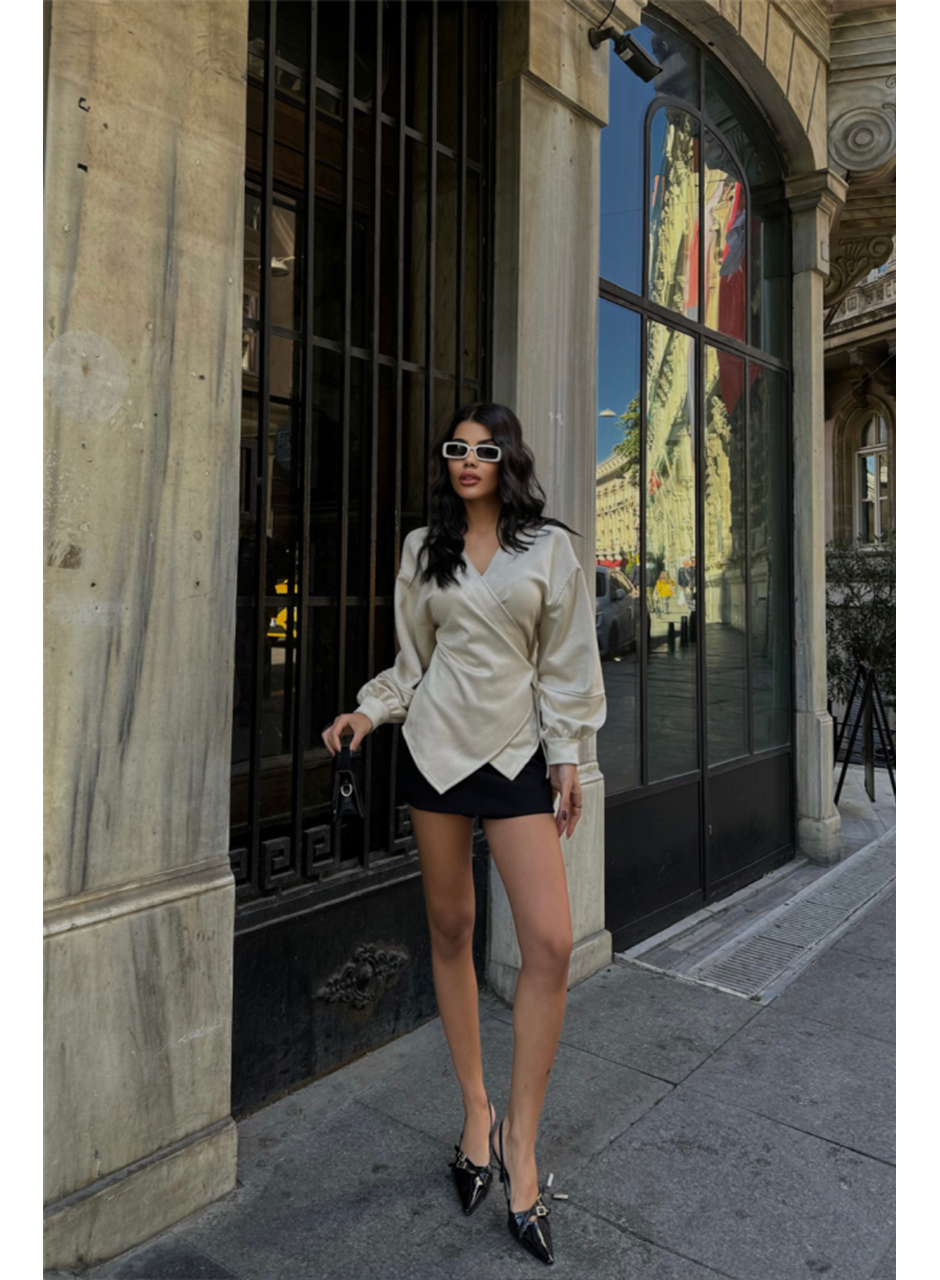 SÜET KRUVAZE BLUZ BAĞLAMA DETAYLI - Taş