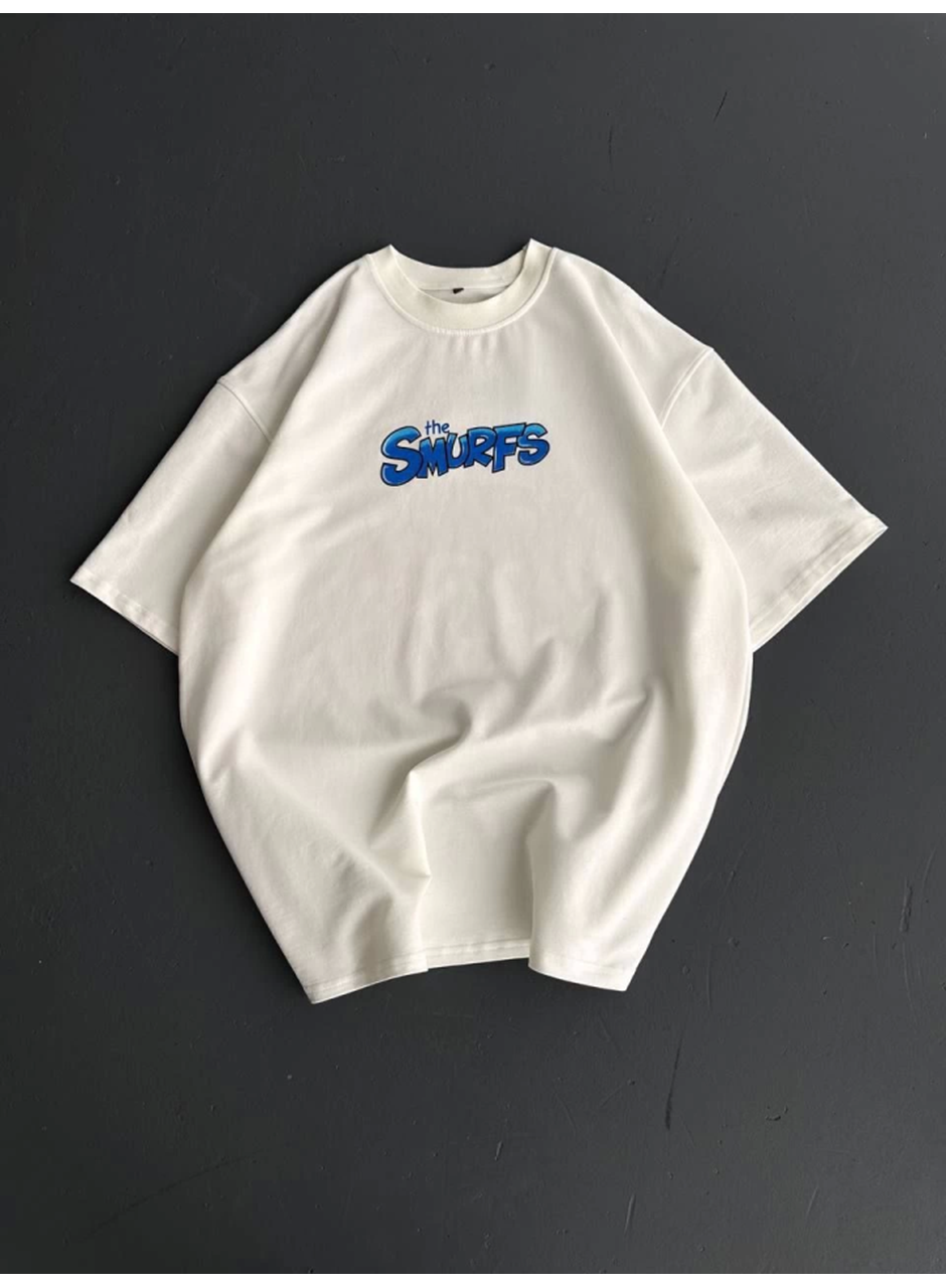 Ön Ve Arka Baskılı Oversize Bisiklet Yaka T-shirt- Beyaz