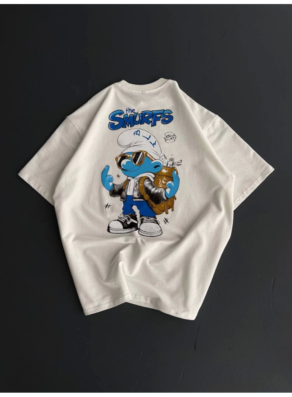 Ön Ve Arka Baskılı Oversize Bisiklet Yaka T-shirt- Beyaz