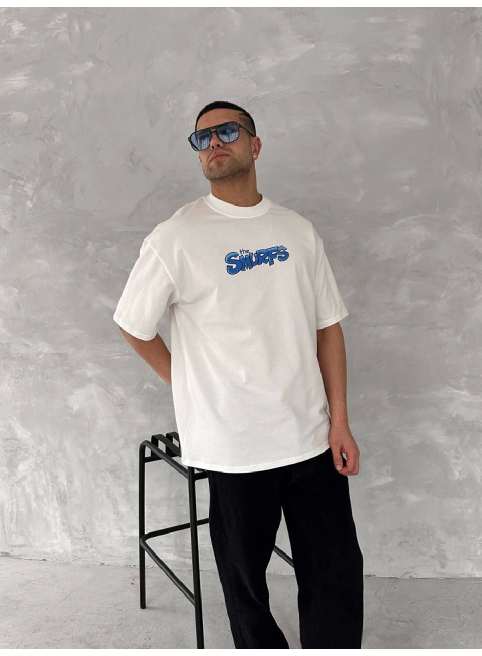 Ön Ve Arka Baskılı Oversize Bisiklet Yaka T-shirt- Beyaz