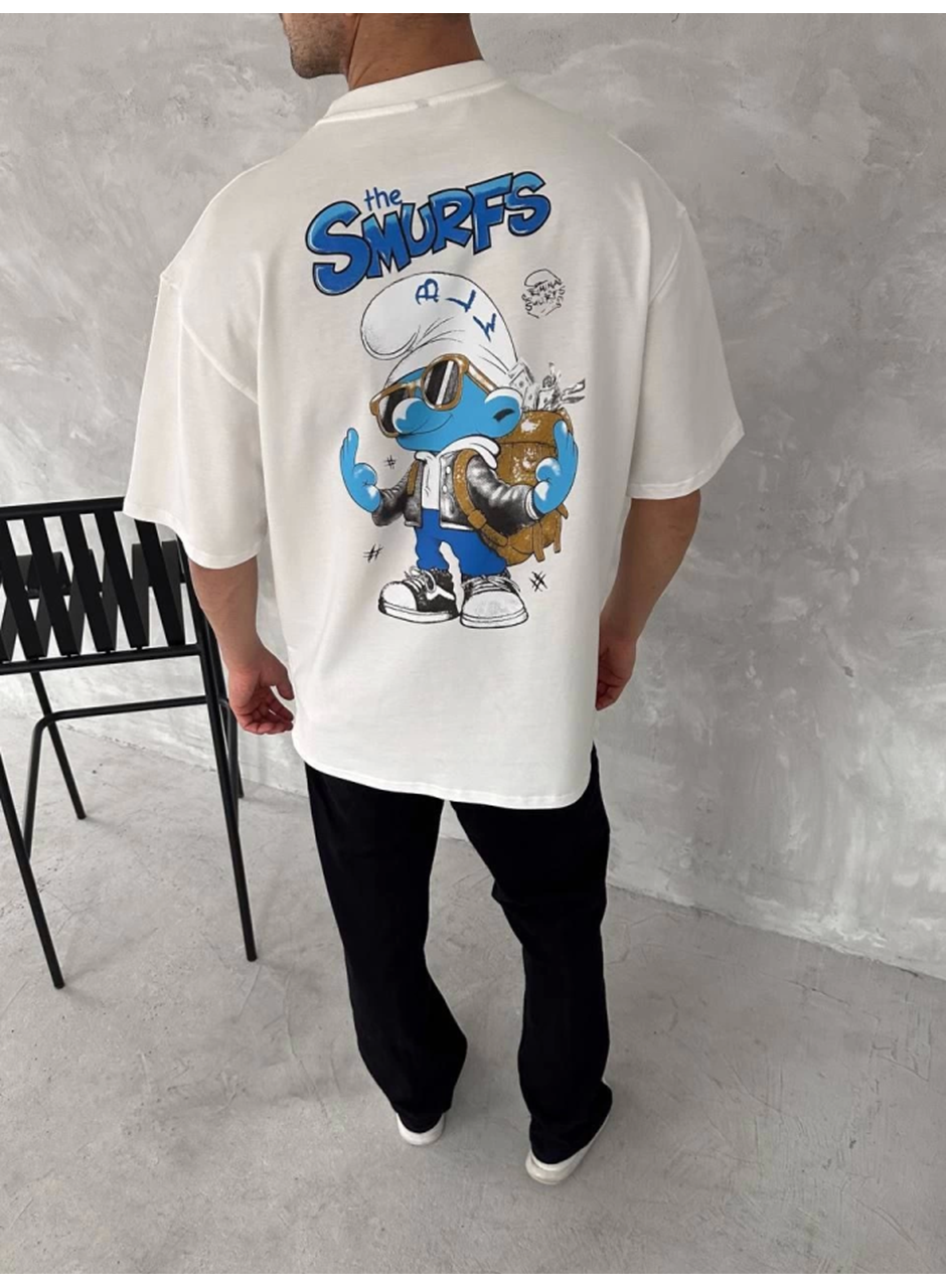 Ön Ve Arka Baskılı Oversize Bisiklet Yaka T-shirt- Beyaz