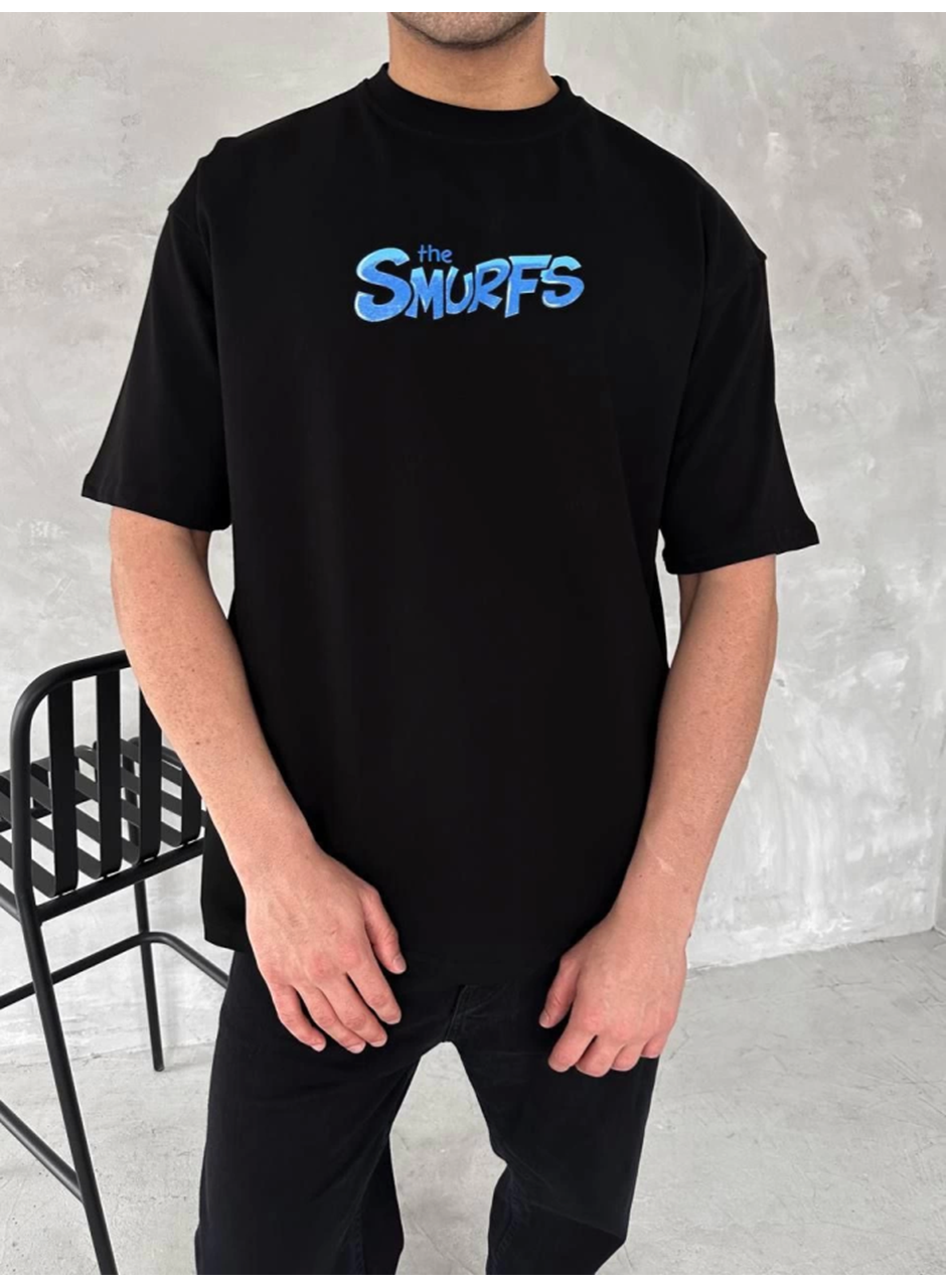 Ön Ve Arka Baskılı Oversize Bisiklet Yaka T-shirt- Siyah