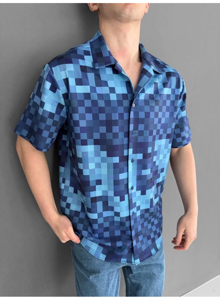 İki İplik Kumaş Baskılı Gömlek - Mavi