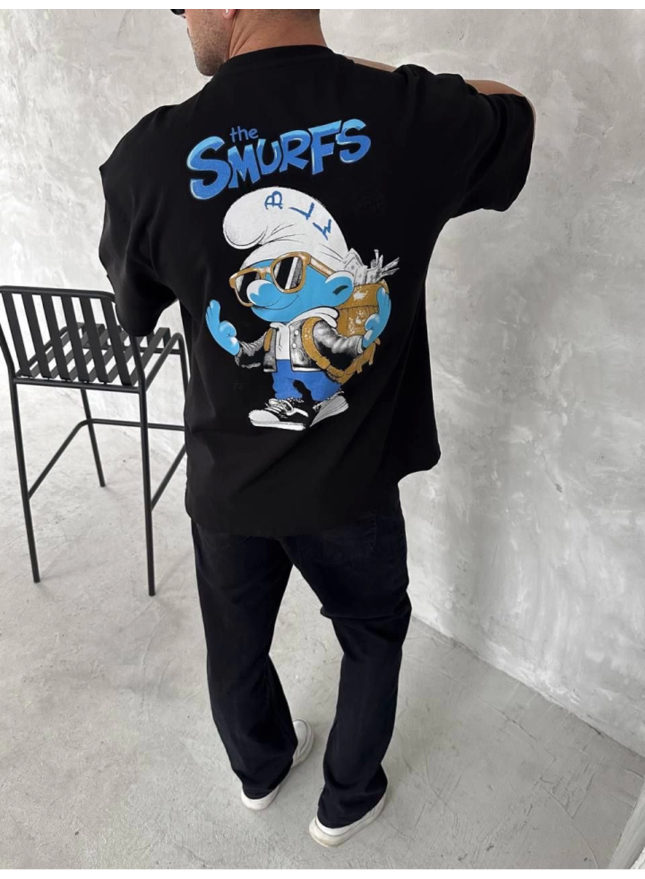 Ön Ve Arka Baskılı Oversize Bisiklet Yaka T-shirt- Siyah