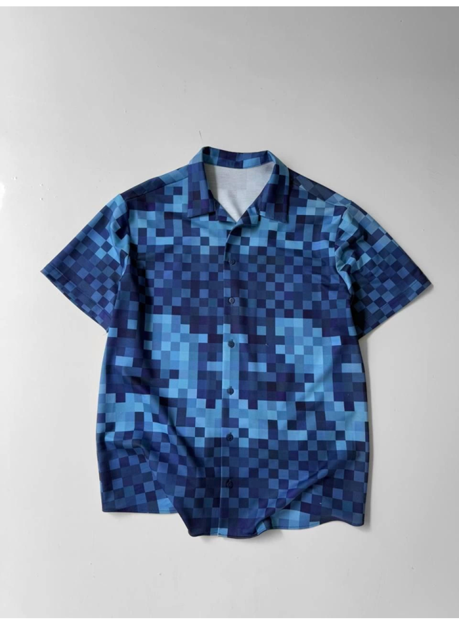 İki İplik Kumaş Baskılı Gömlek - Mavi