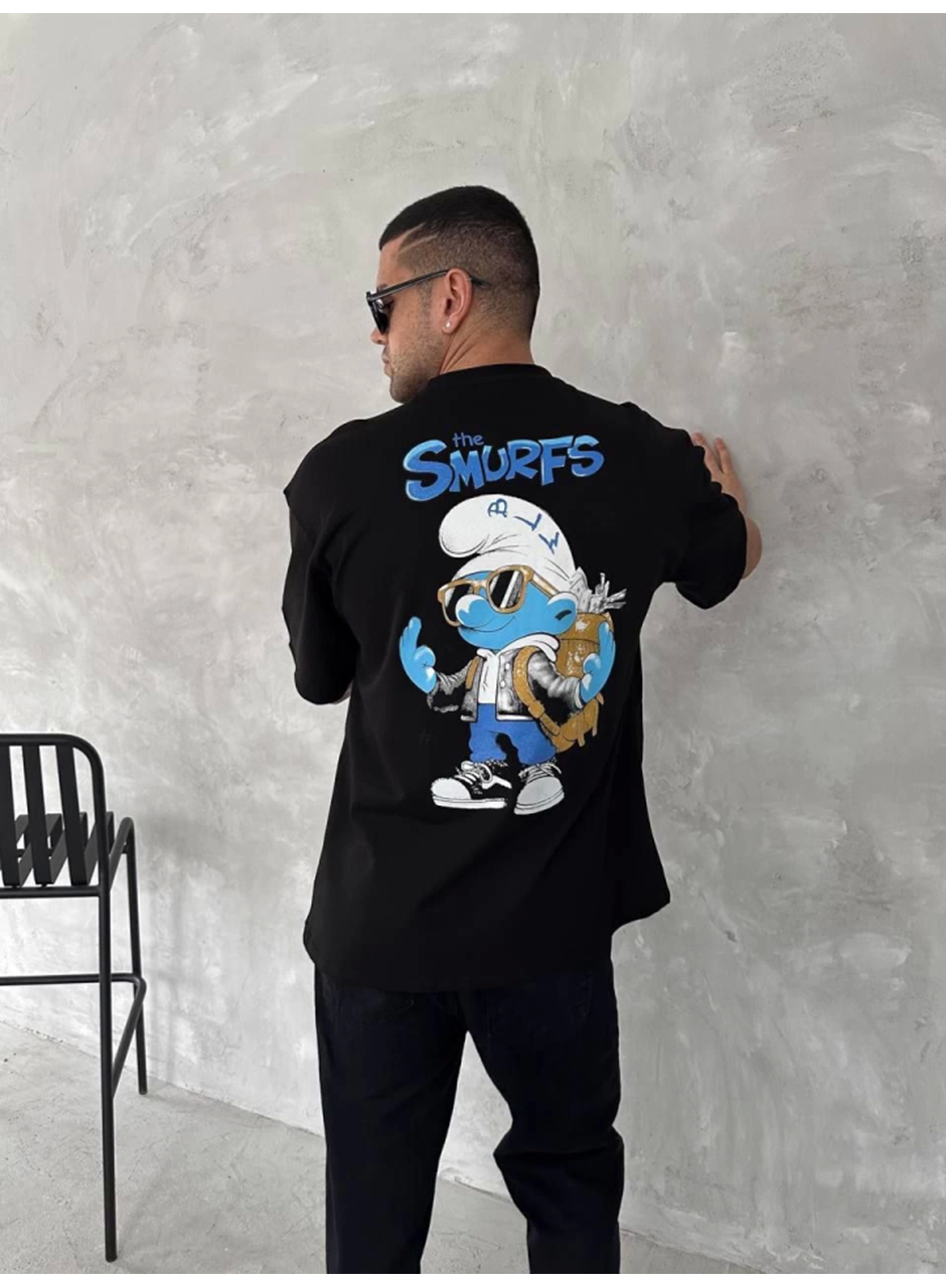 Ön Ve Arka Baskılı Oversize Bisiklet Yaka T-shirt- Siyah