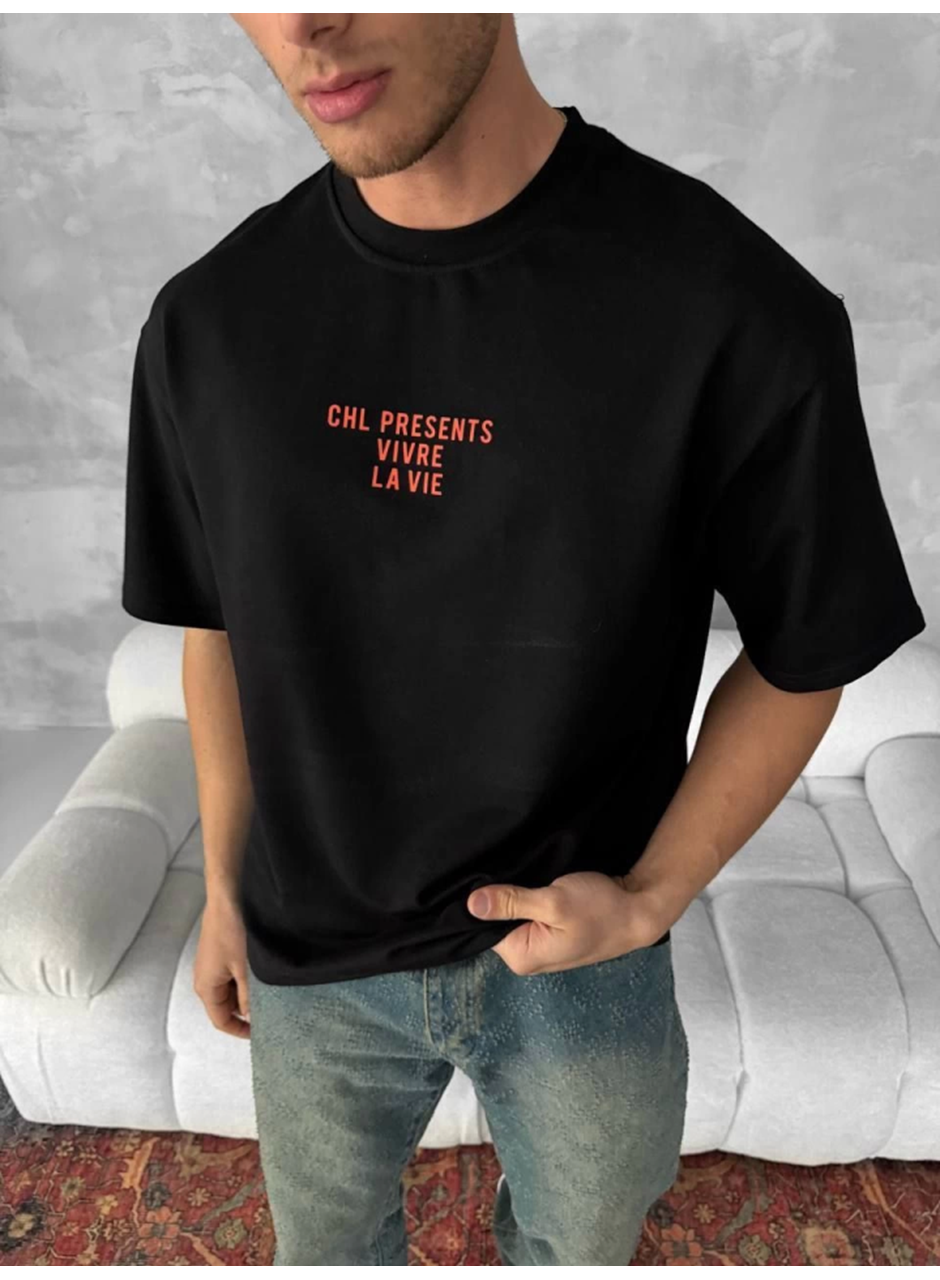 Ön Ve Arka Baskılı Oversize Bisiklet Yaka T-shirt- Siyah