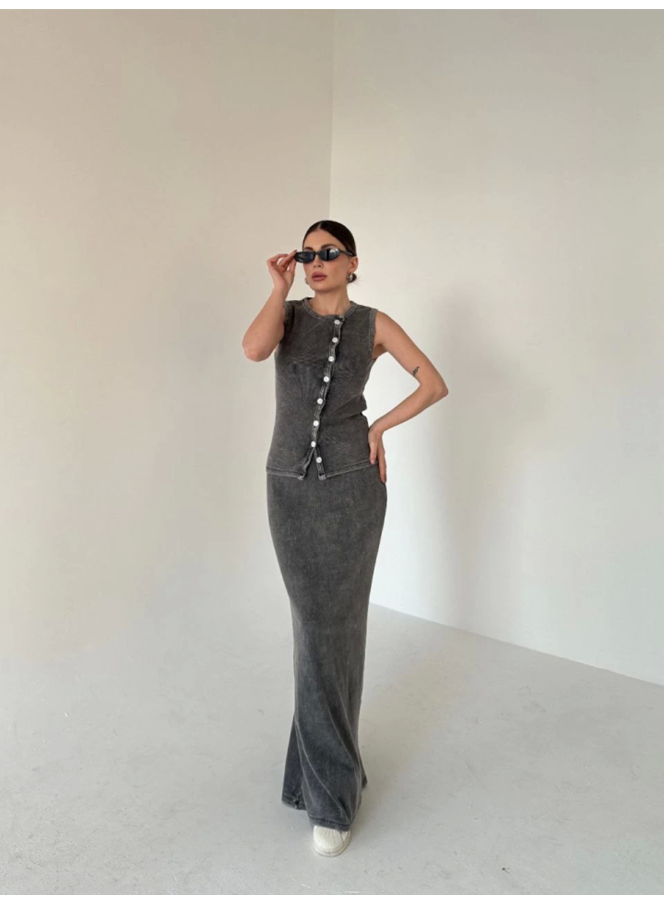 Uzun Etekli Önü Düğmeli Badi İkili Takım- Antrasit