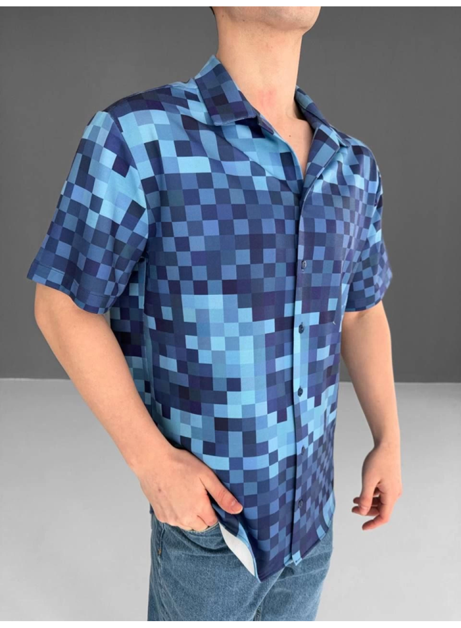 İki İplik Kumaş Baskılı Gömlek - Mavi