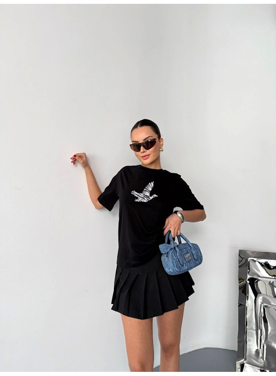 Kısa Kol Baskılı T-shirt - Siyah