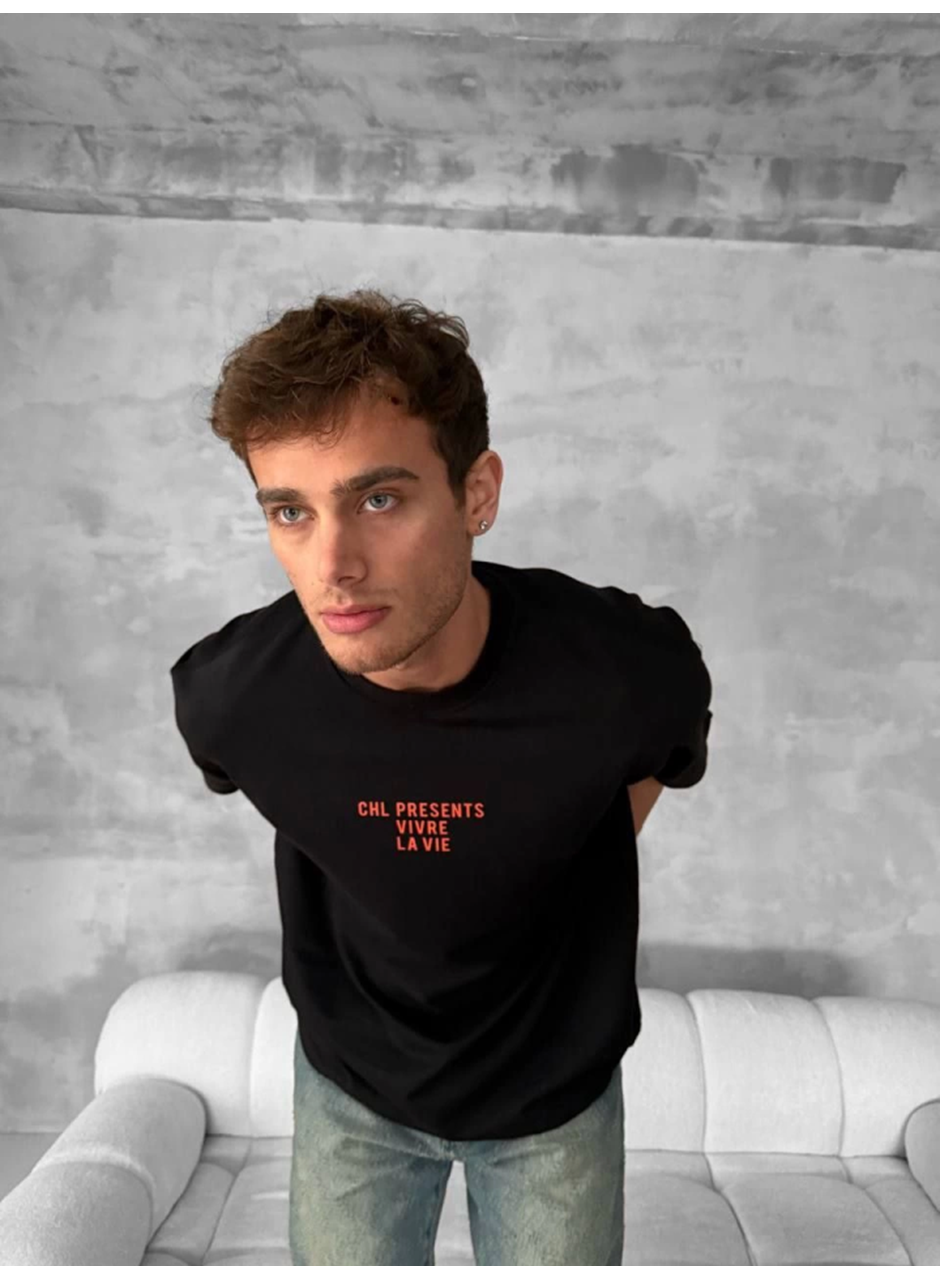 Ön Ve Arka Baskılı Oversize Bisiklet Yaka T-shirt- Siyah