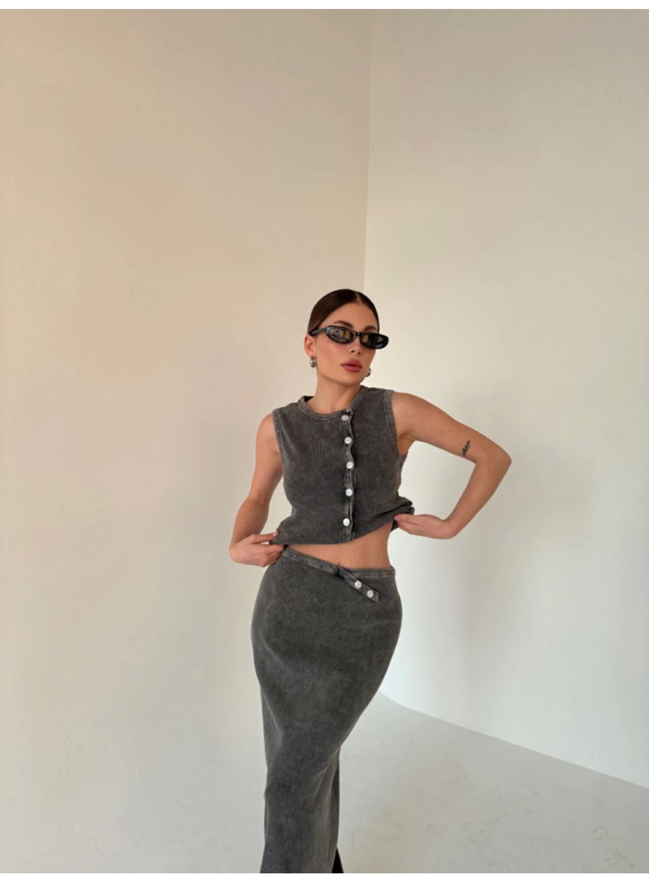 Uzun Etekli Önü Düğmeli Badi İkili Takım- Antrasit