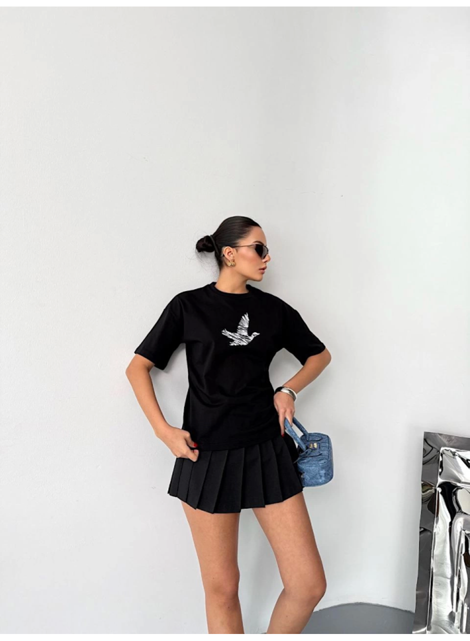 Kısa Kol Baskılı T-shirt - Siyah