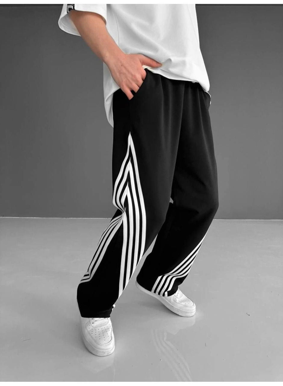 İki İplik Kumaş Şeritli Alt Esofman - Siyah