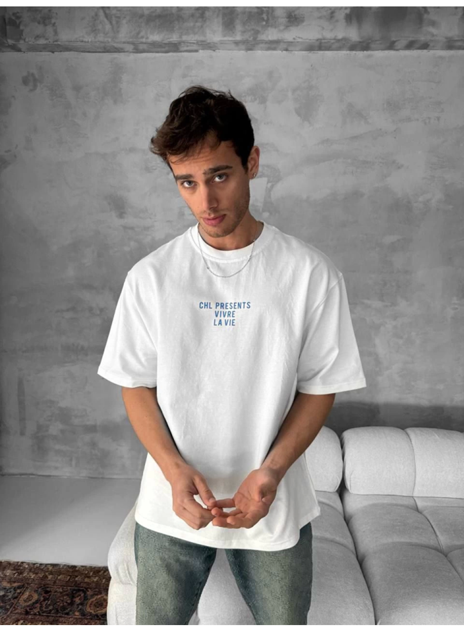 Ön Ve Arka Baskılı Oversize Bisiklet Yaka T-shirt- Beyaz