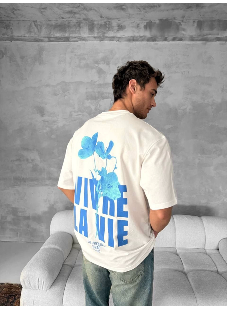 Ön Ve Arka Baskılı Oversize Bisiklet Yaka T-shirt- Beyaz