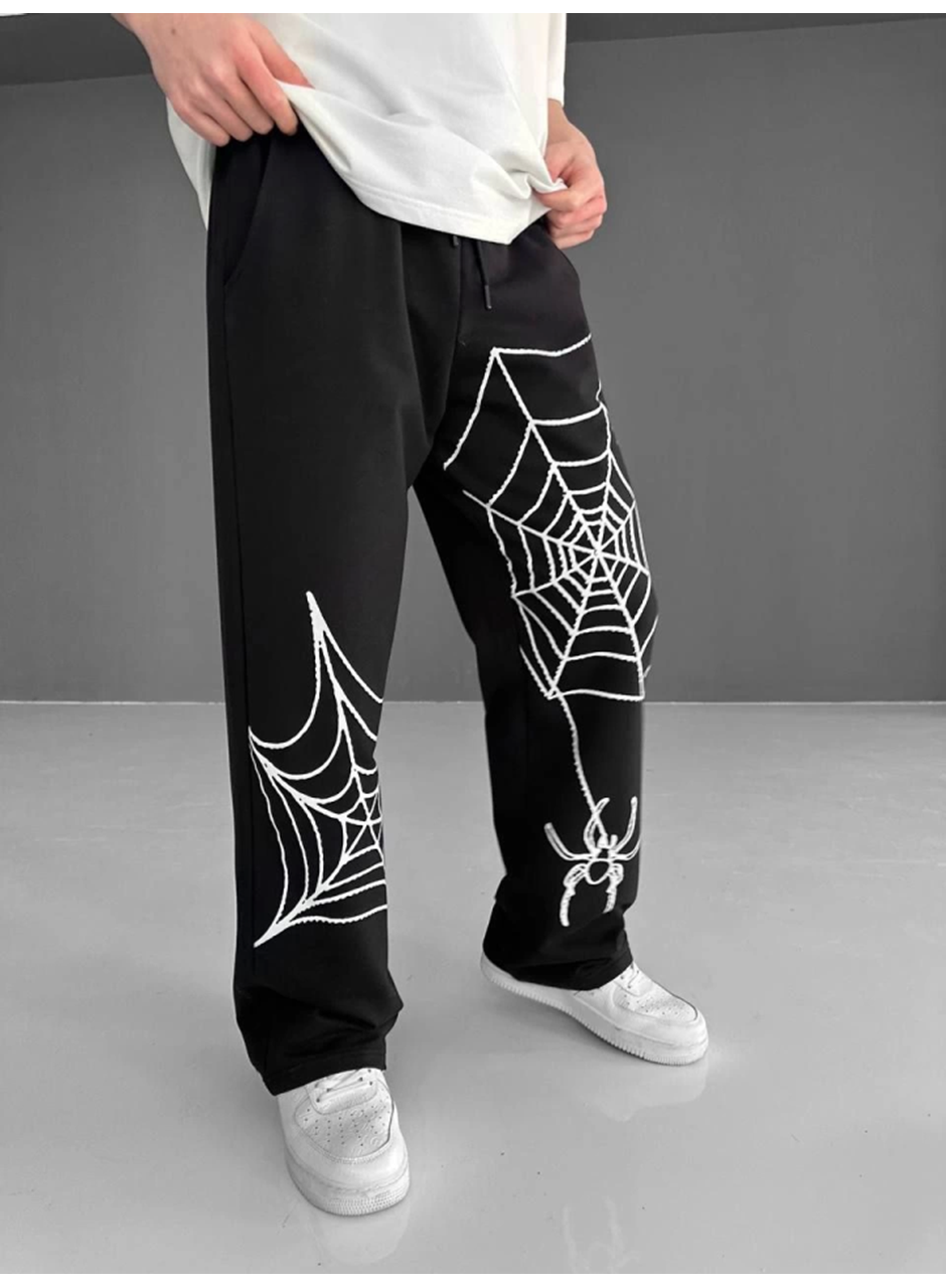 İki İplik Kumaş Örümcek Baskılı Esofman - Siyah