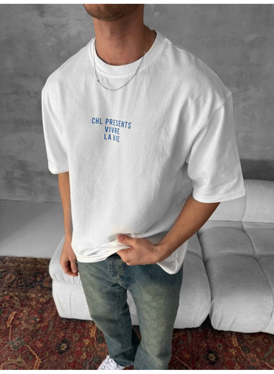 Ön Ve Arka Baskılı Oversize Bisiklet Yaka T-shirt- Beyaz