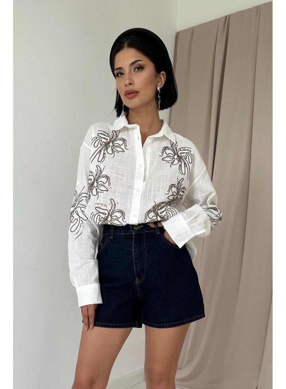 Beyaz Flamlı Keten Nakışlı Pullu Gömlek