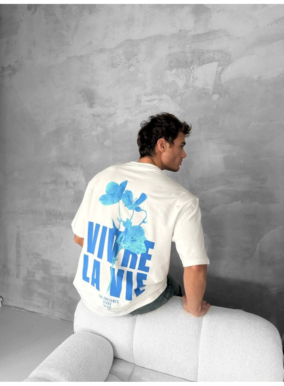 Ön Ve Arka Baskılı Oversize Bisiklet Yaka T-shirt- Beyaz