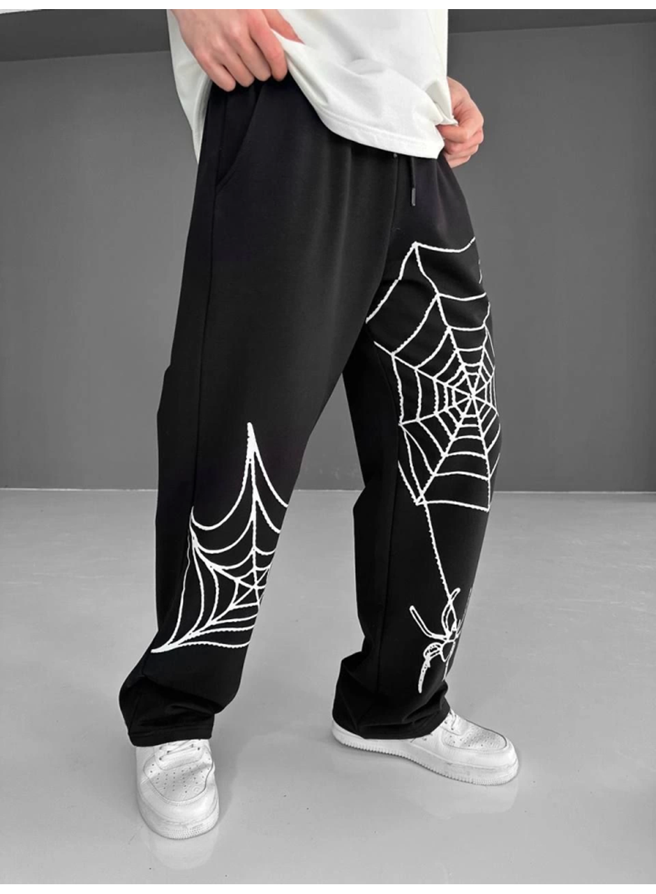 İki İplik Kumaş Örümcek Baskılı Esofman - Siyah