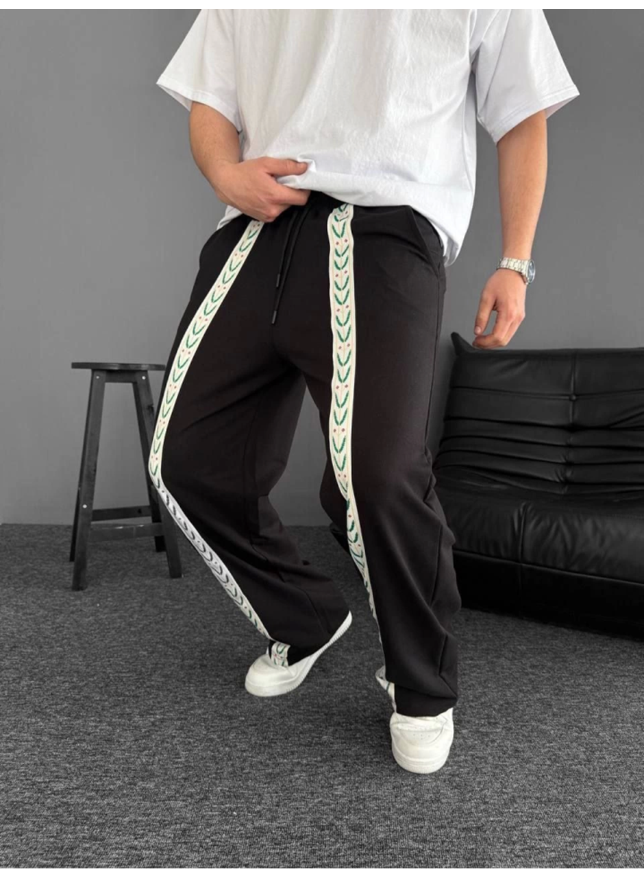 İki İplik Kumaş Şeritli Alt Esofman - Siyah