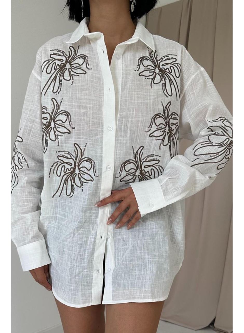 Beyaz Flamlı Keten Nakışlı Pullu Gömlek