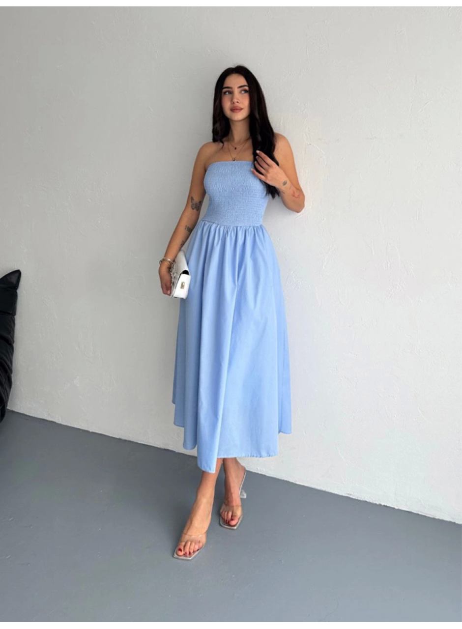Straplez Pileli Elbise - Açık Mavi