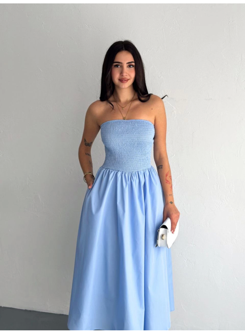 Straplez Pileli Elbise - Açık Mavi